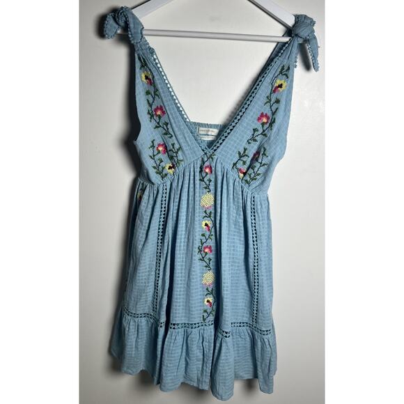 Urban Outfitters UO Forever Blue Tie Embroidered‎ Baby Doll Smock Dress Size XS - Picture 4 of 15